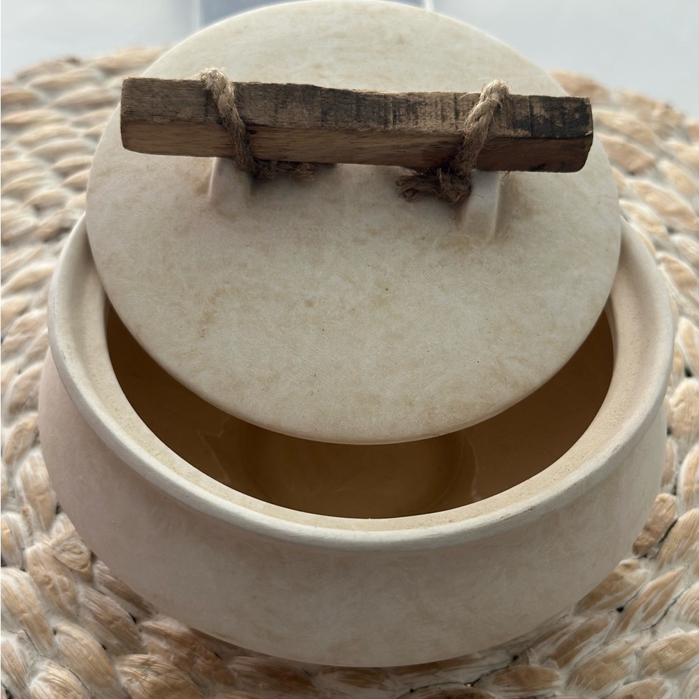 Anthropologie Cream Ceramic Pot with Wooden Handle - Picture 2 of 5